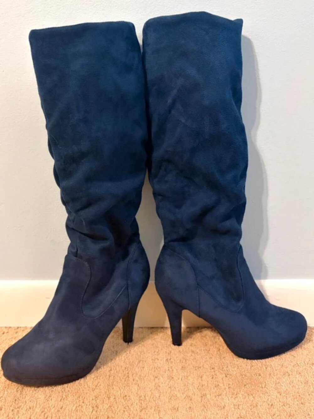 Navy Blue Suede High‑Heel Boots – Size 6.5, Elegant